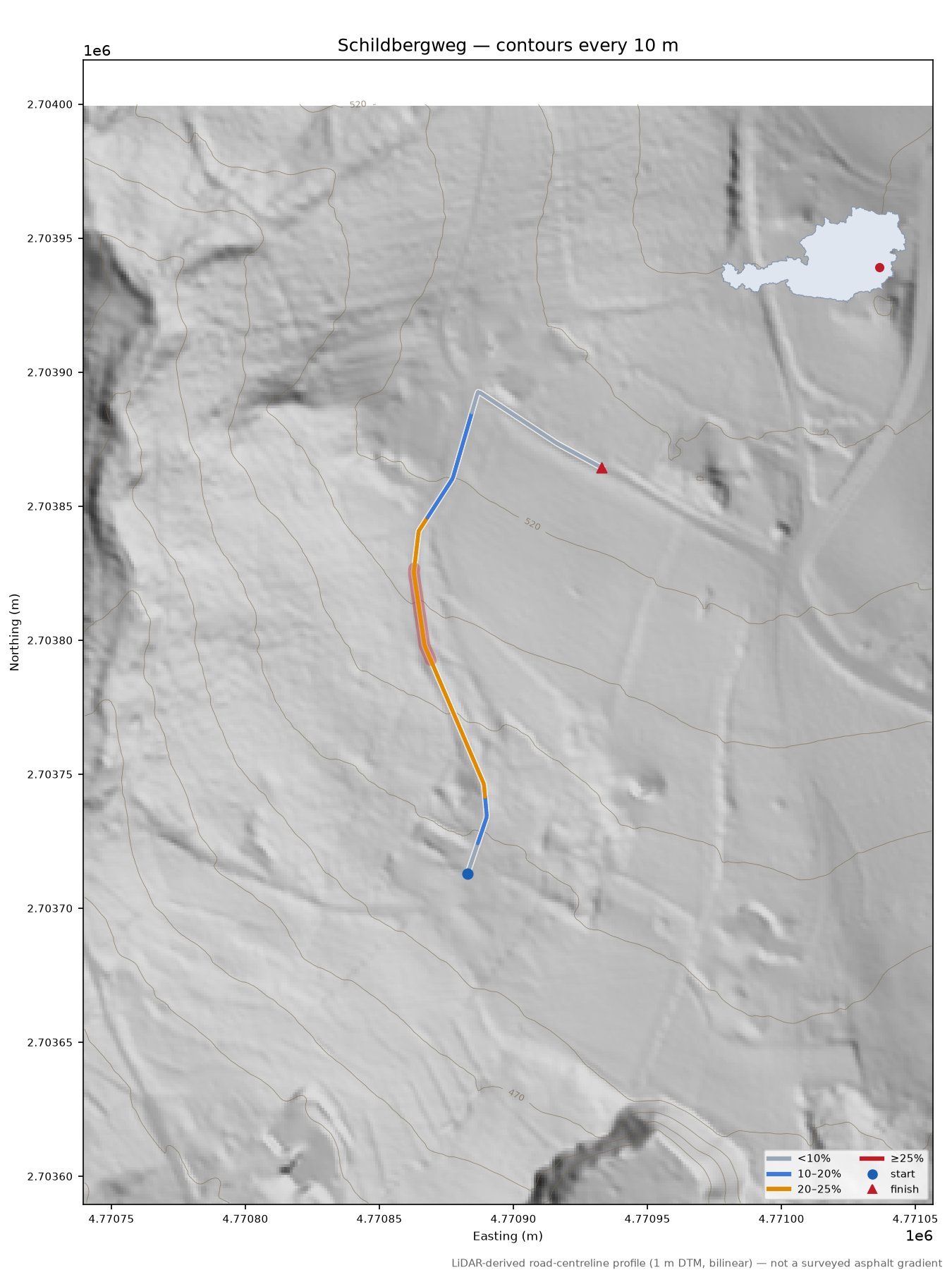 Schildbergweg LiDAR hillshade map with contours
