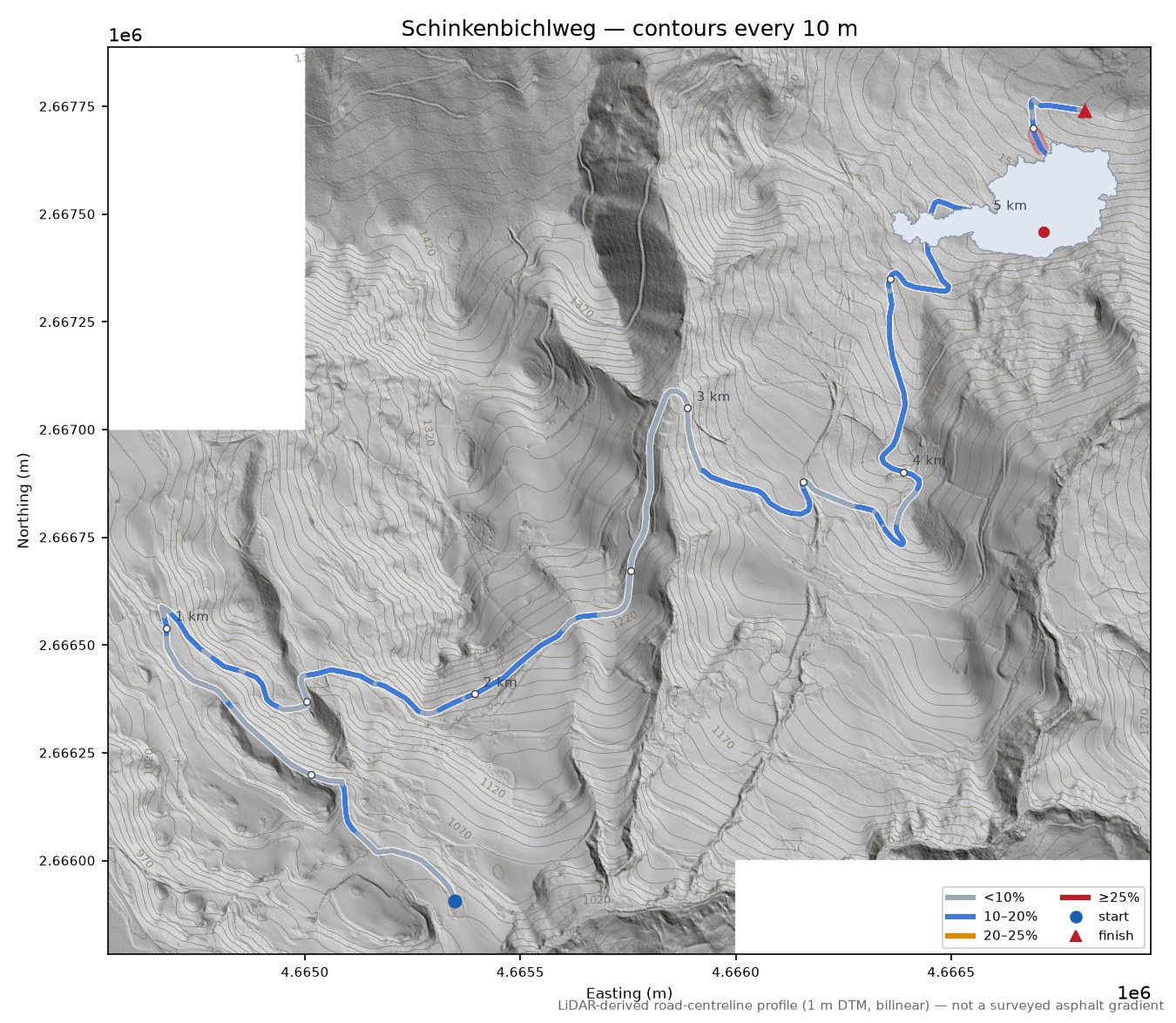 Schinkenbichlweg LiDAR hillshade map with contours