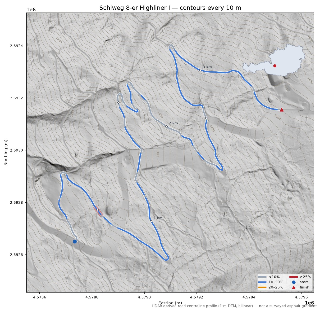 Schiweg 8-er Highliner I LiDAR hillshade map with contours