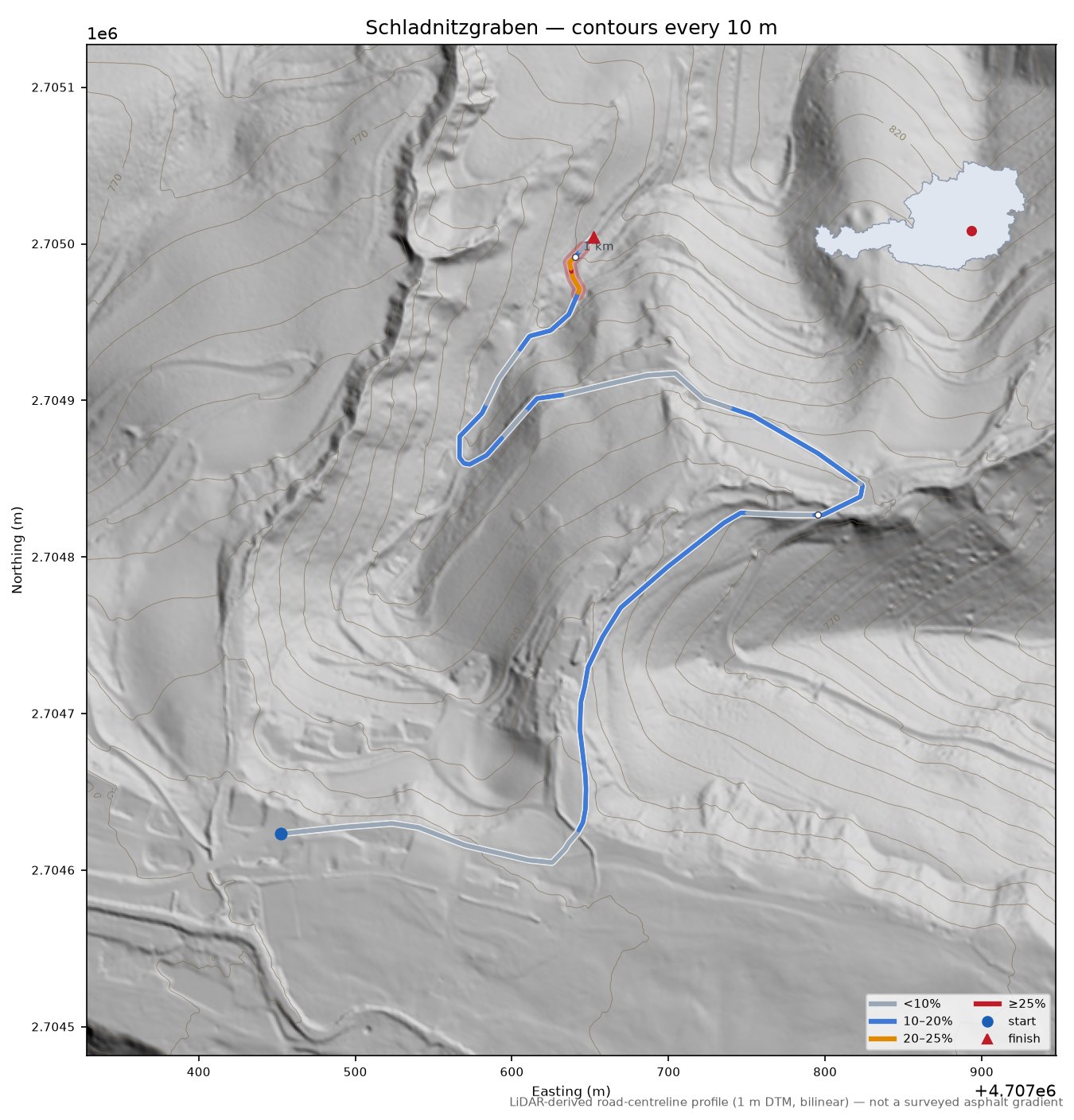 Schladnitzgraben LiDAR hillshade map with contours