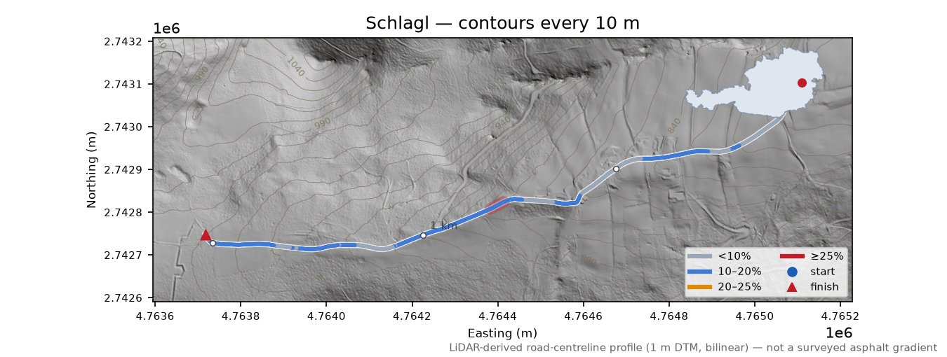Schlagl LiDAR hillshade map with contours