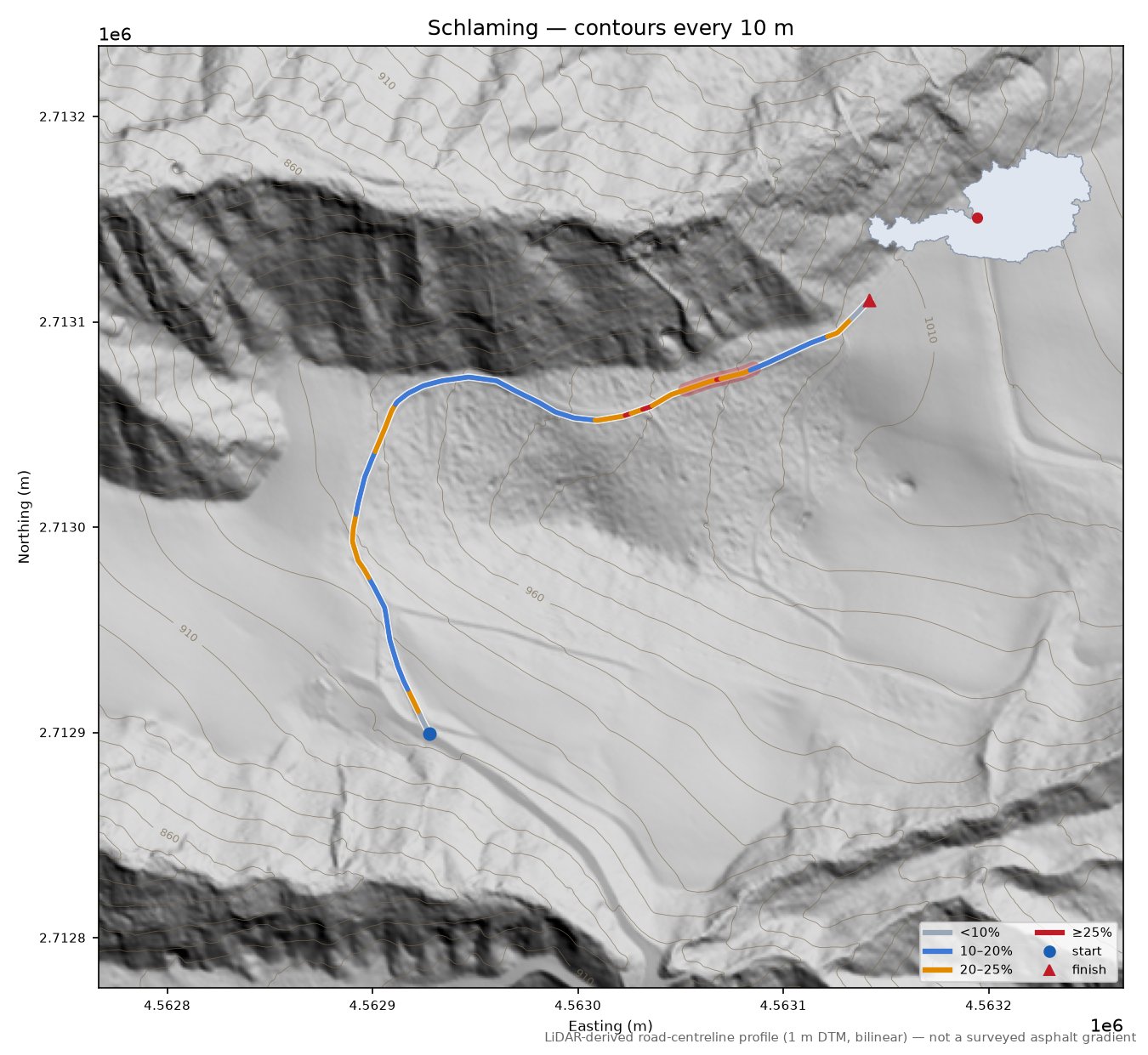 Schlaming LiDAR hillshade map with contours