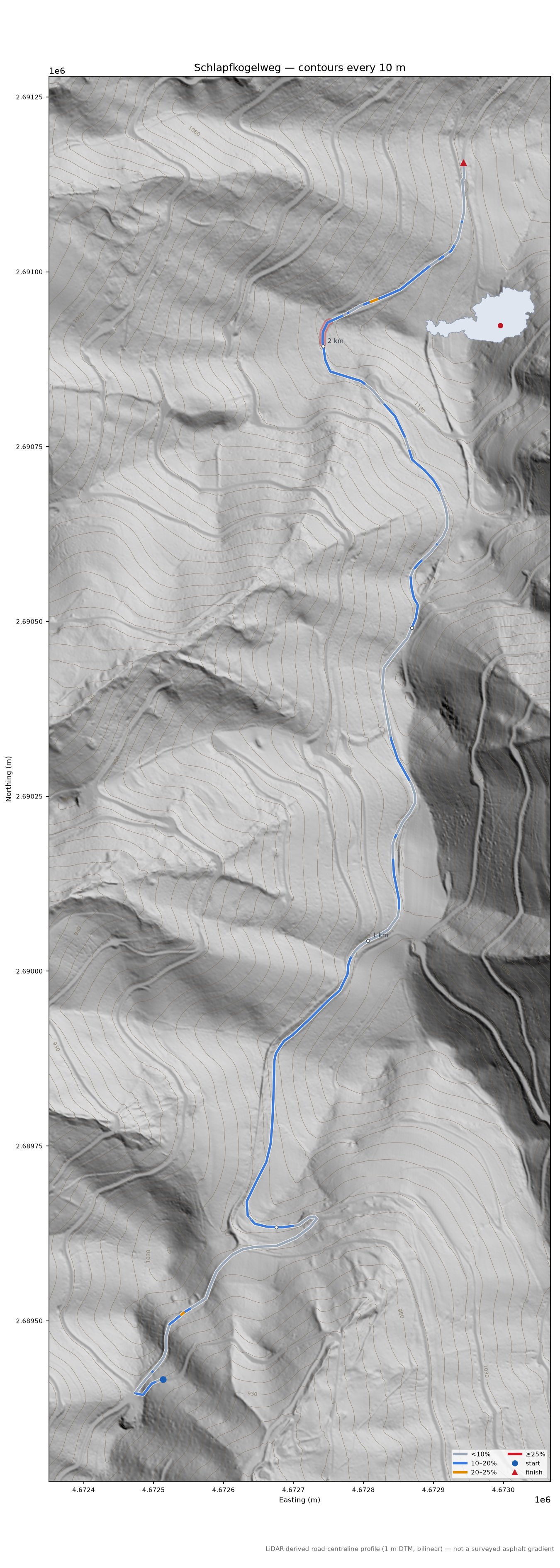Schlapfkogelweg LiDAR hillshade map with contours