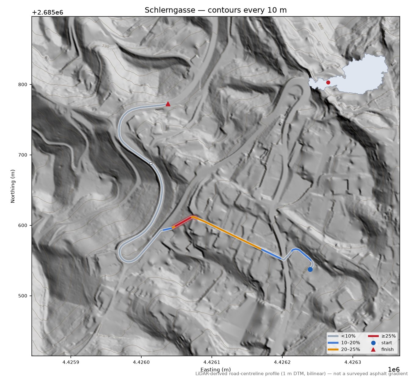 Schlerngasse LiDAR hillshade map with contours