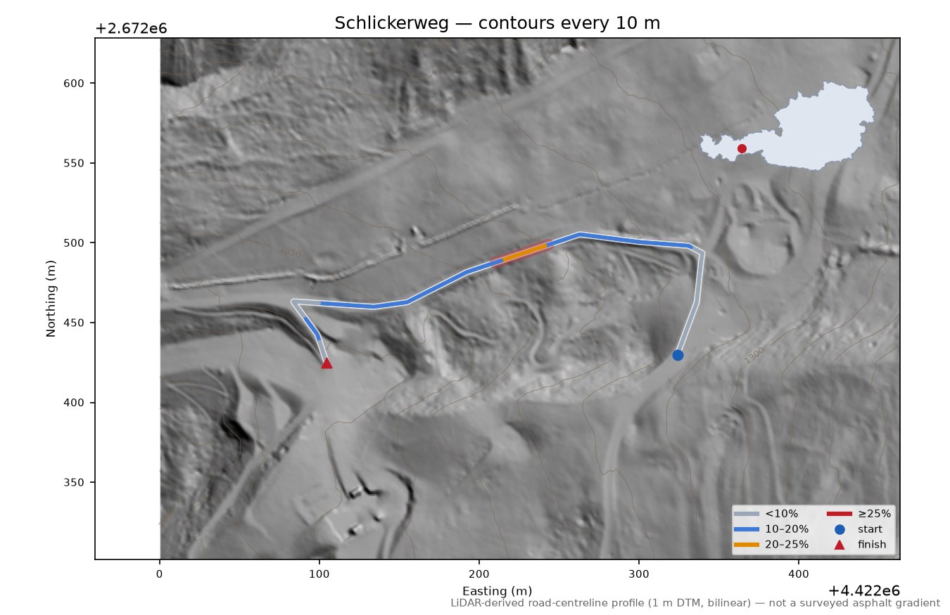 Schlickerweg LiDAR hillshade map with contours
