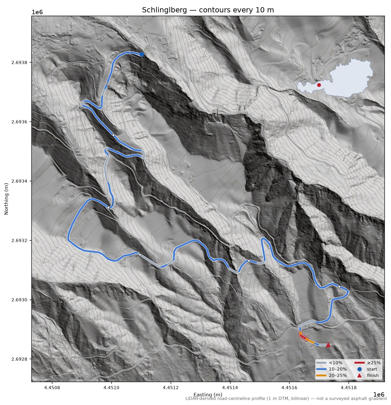 Schlinglberg LiDAR hillshade map with contours