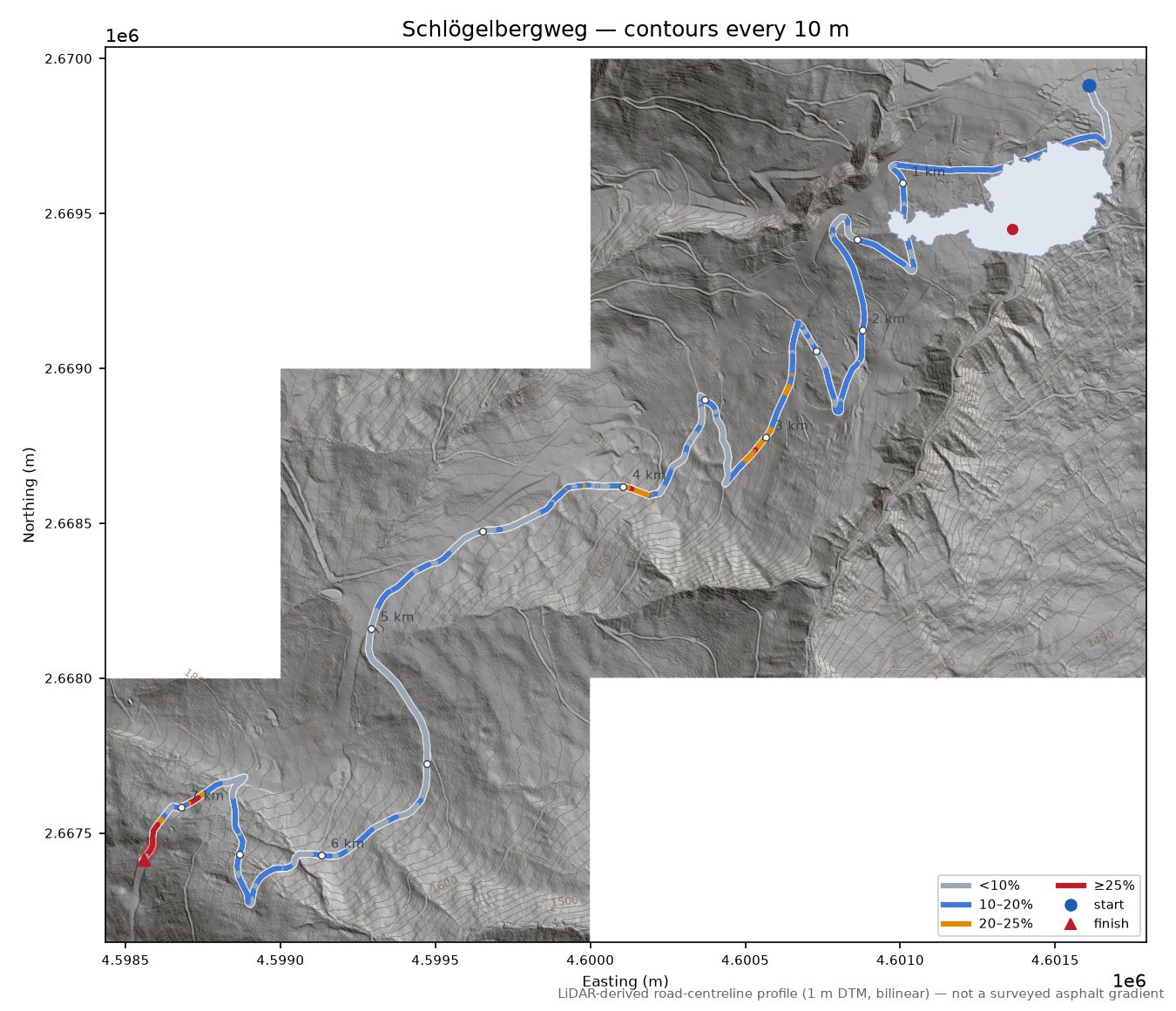 Schlögelbergweg LiDAR hillshade map with contours