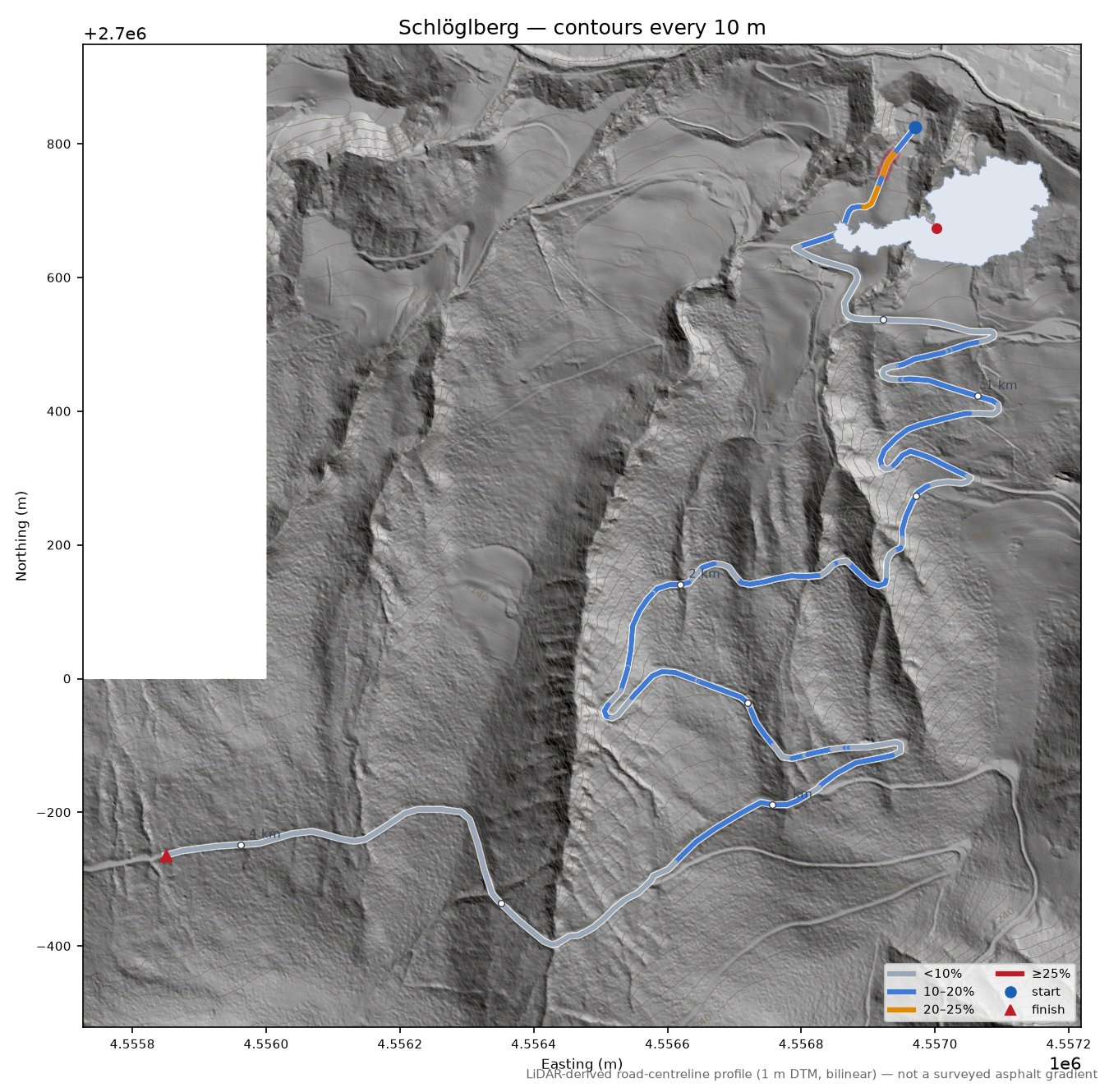 Schlöglberg LiDAR hillshade map with contours