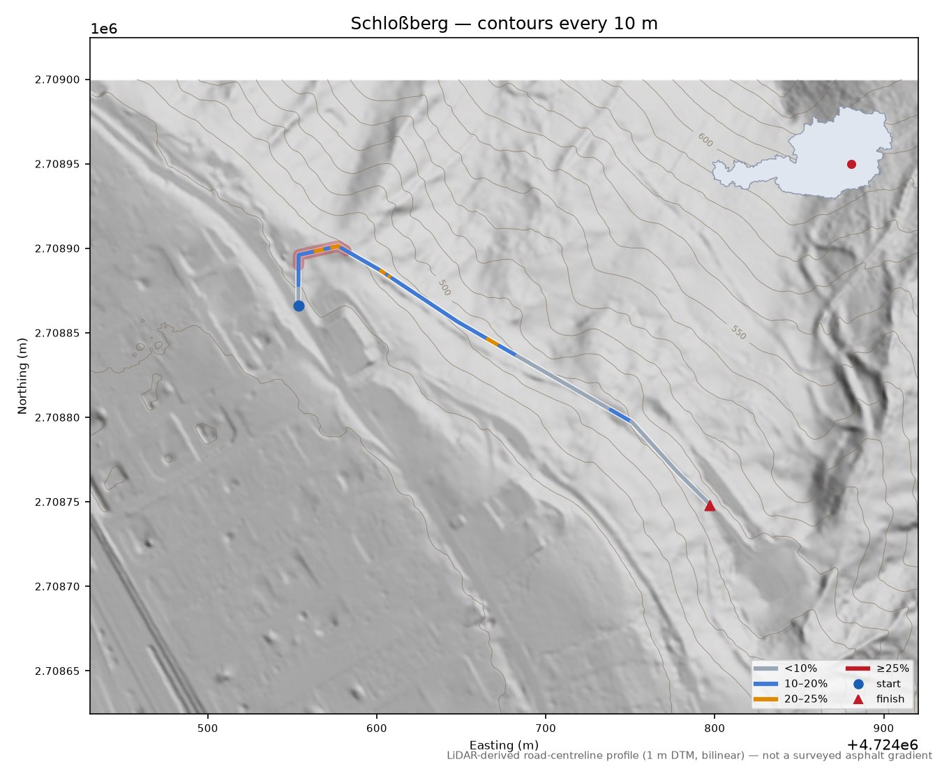 Schloßberg LiDAR hillshade map with contours