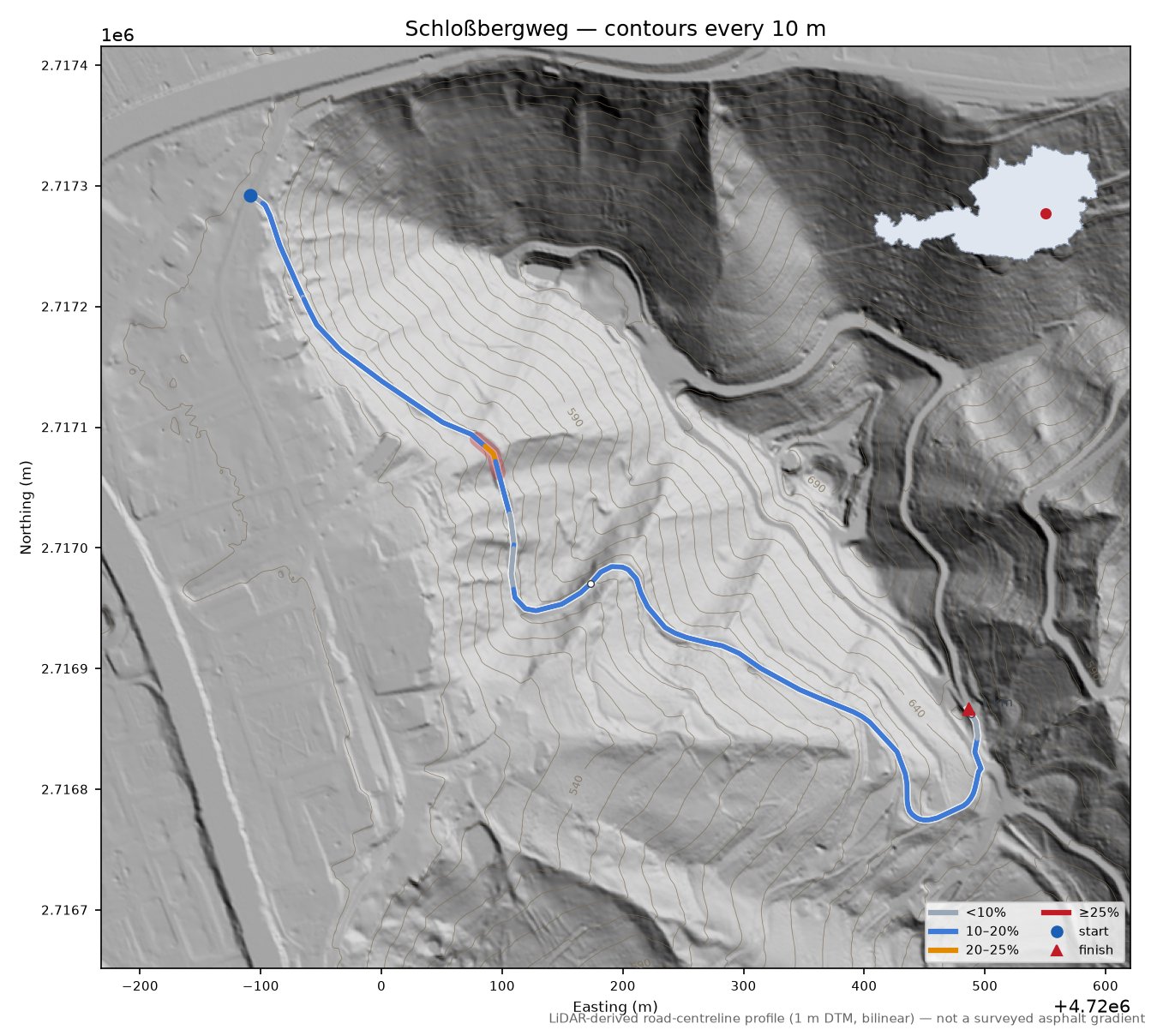Schloßbergweg LiDAR hillshade map with contours