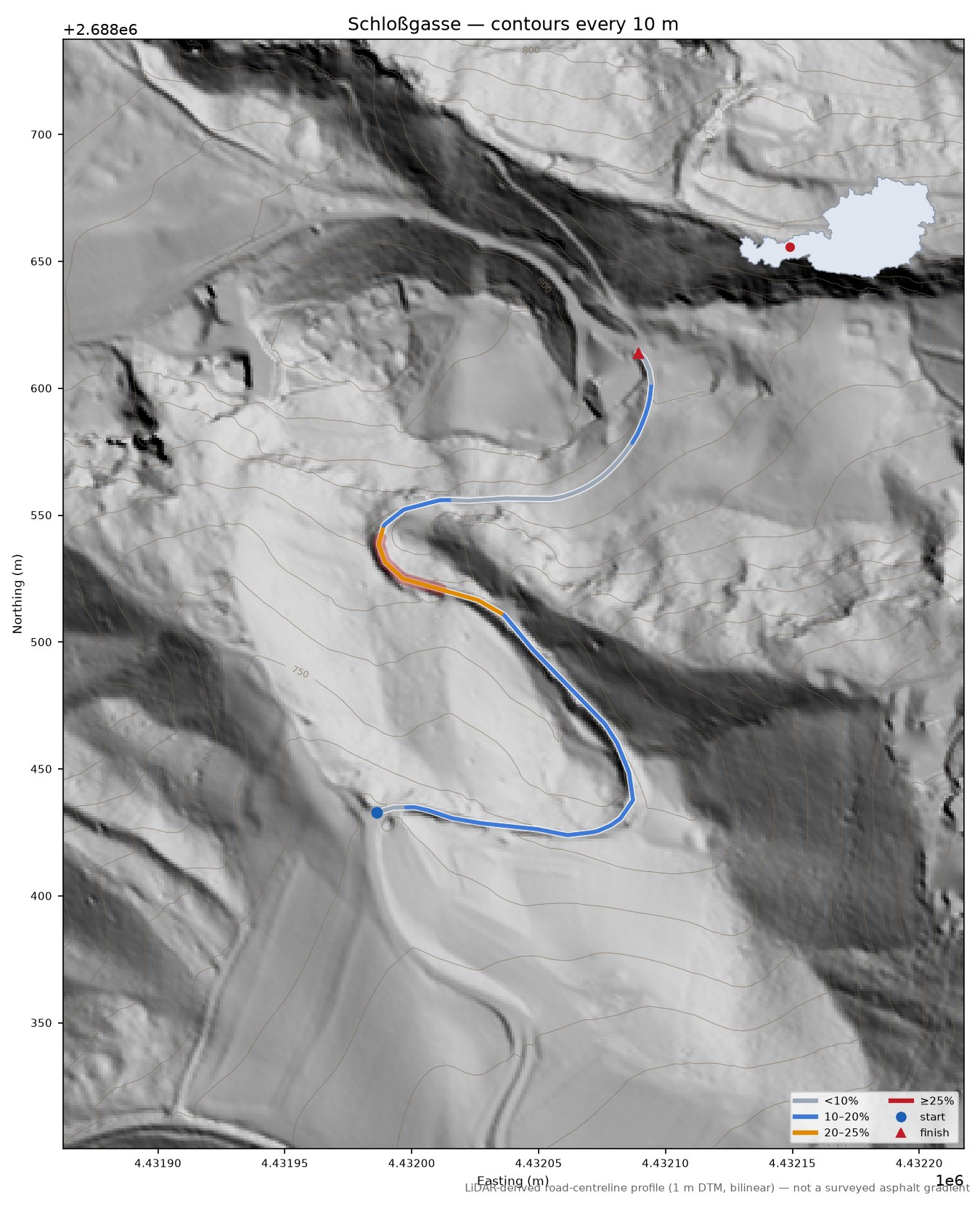 Schloßgasse LiDAR hillshade map with contours
