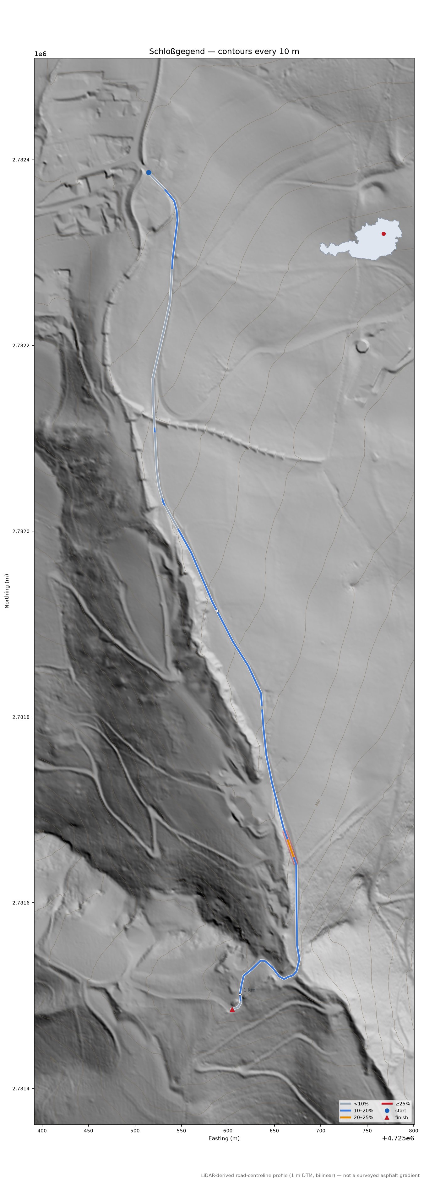 Schloßgegend LiDAR hillshade map with contours