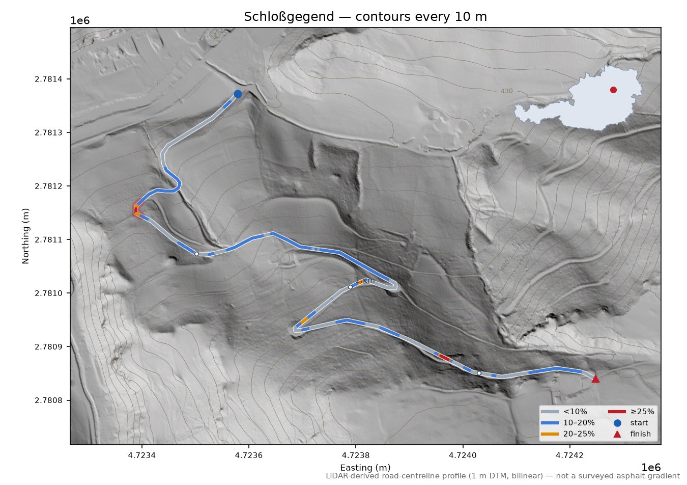 Schloßgegend LiDAR hillshade map with contours