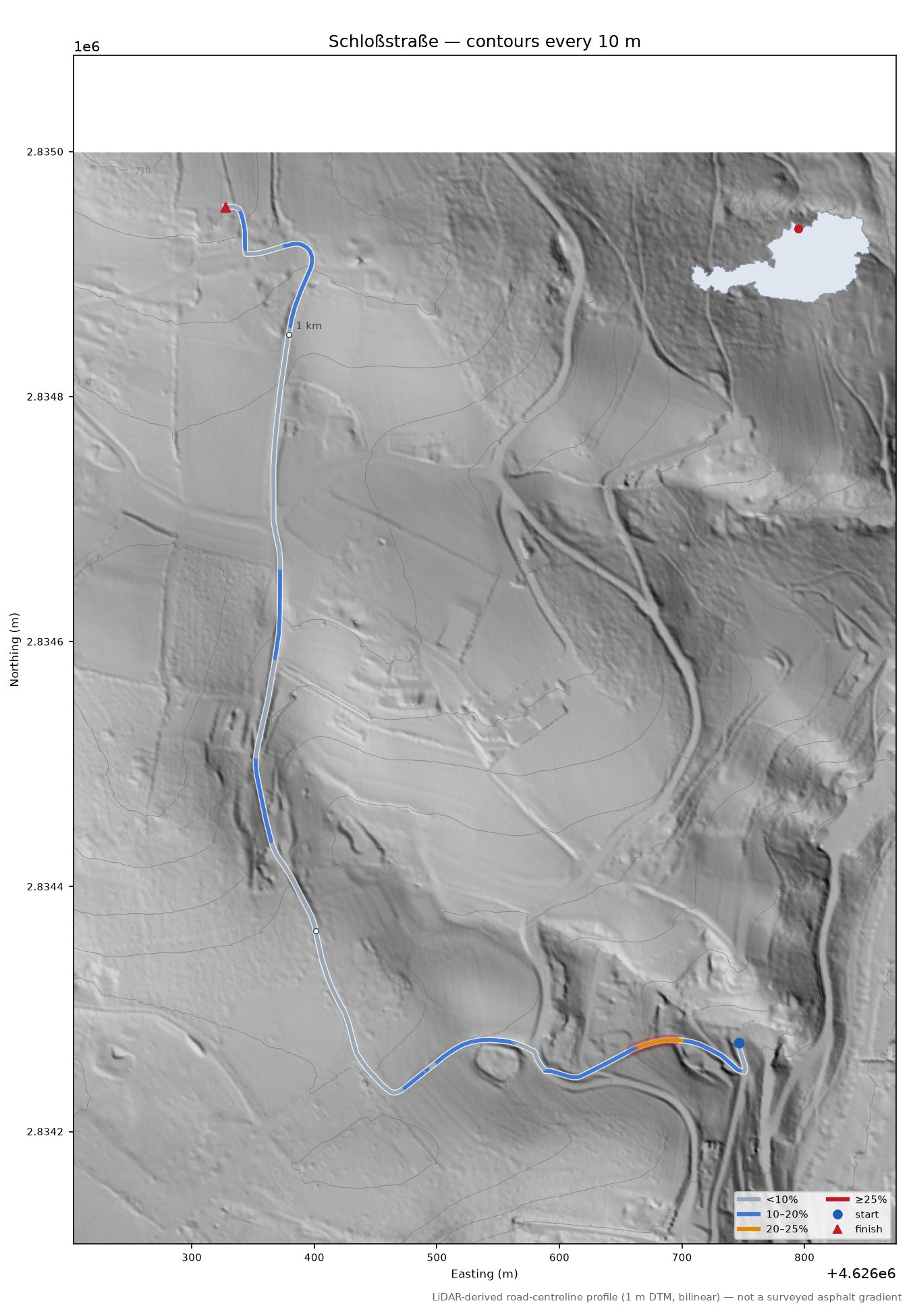Schloßstraße LiDAR hillshade map with contours