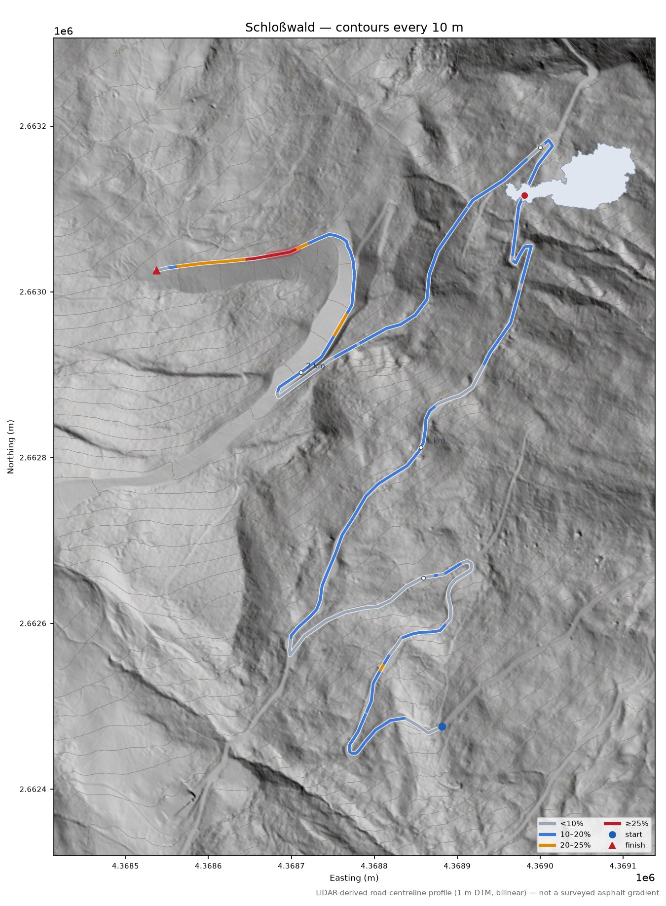 Schloßwald LiDAR hillshade map with contours