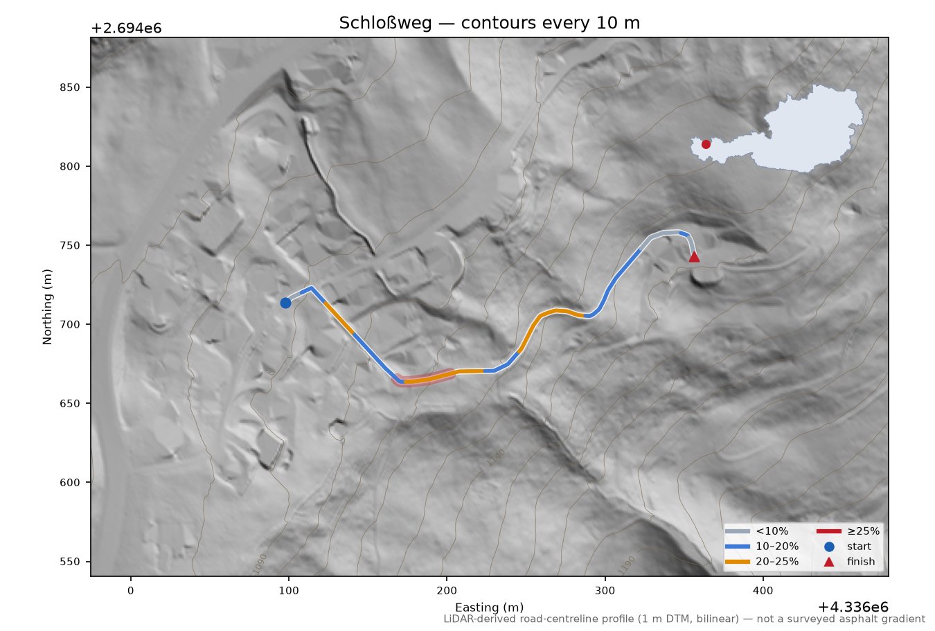 Schloßweg LiDAR hillshade map with contours