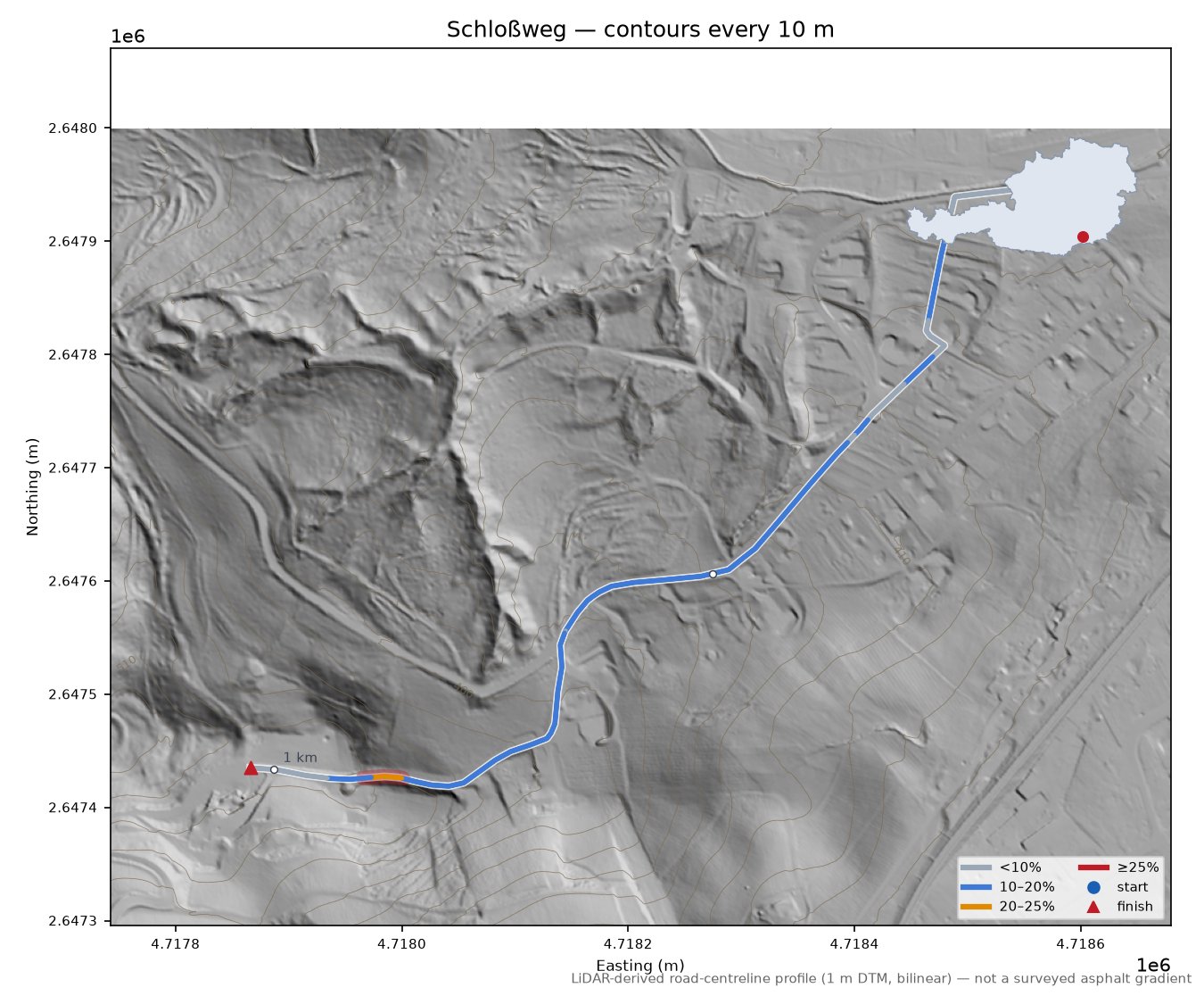 Schloßweg LiDAR hillshade map with contours