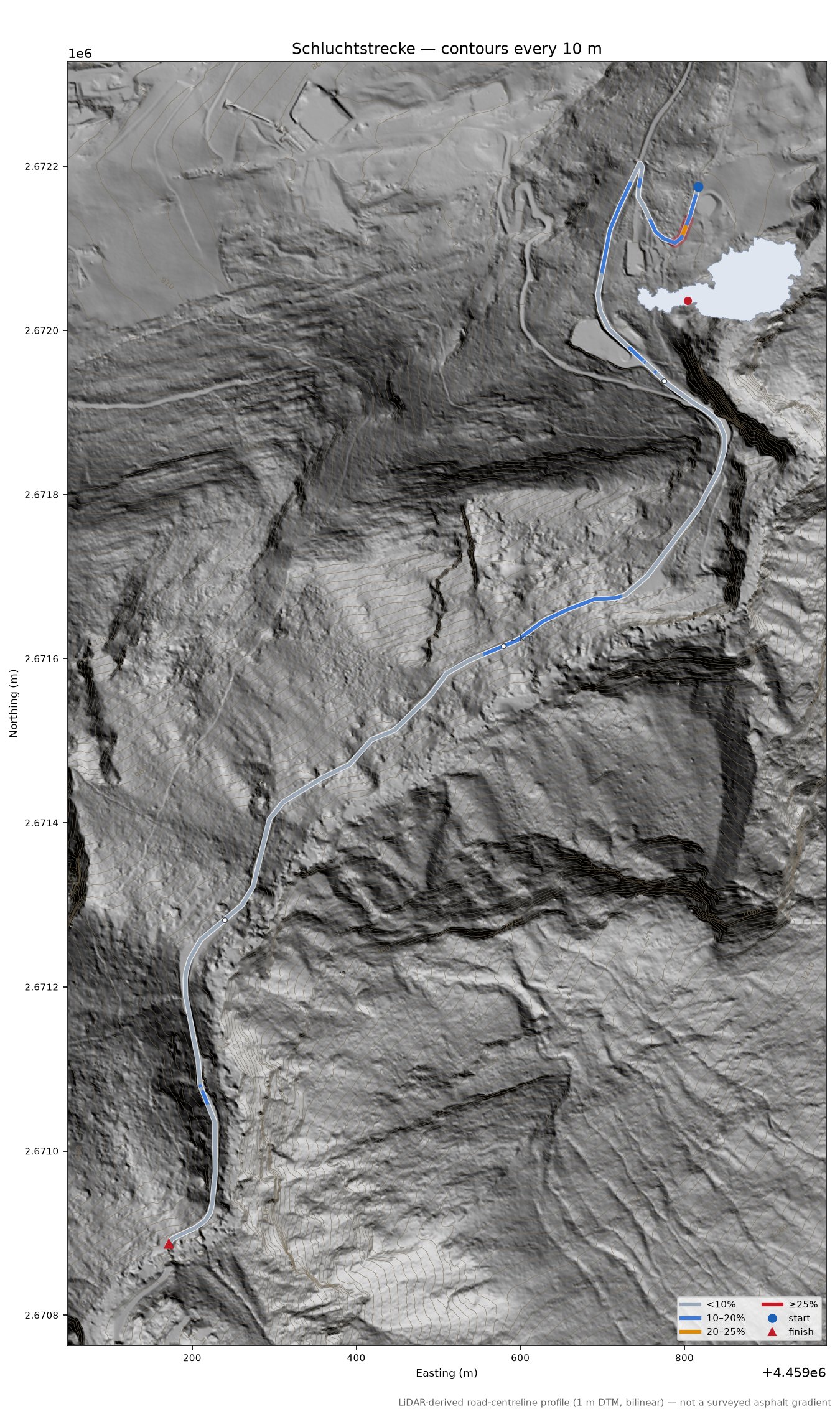 Schluchtstrecke LiDAR hillshade map with contours