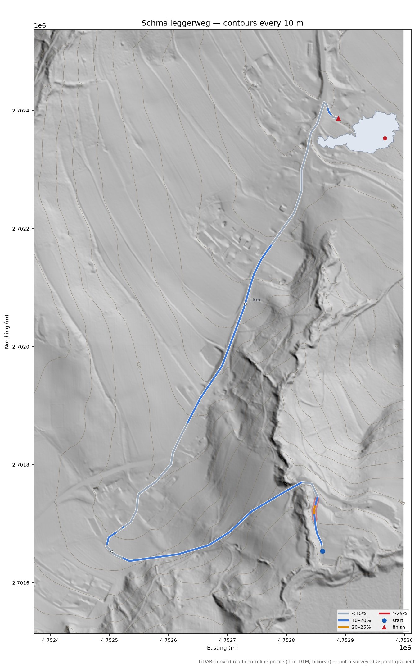 Schmalleggerweg LiDAR hillshade map with contours