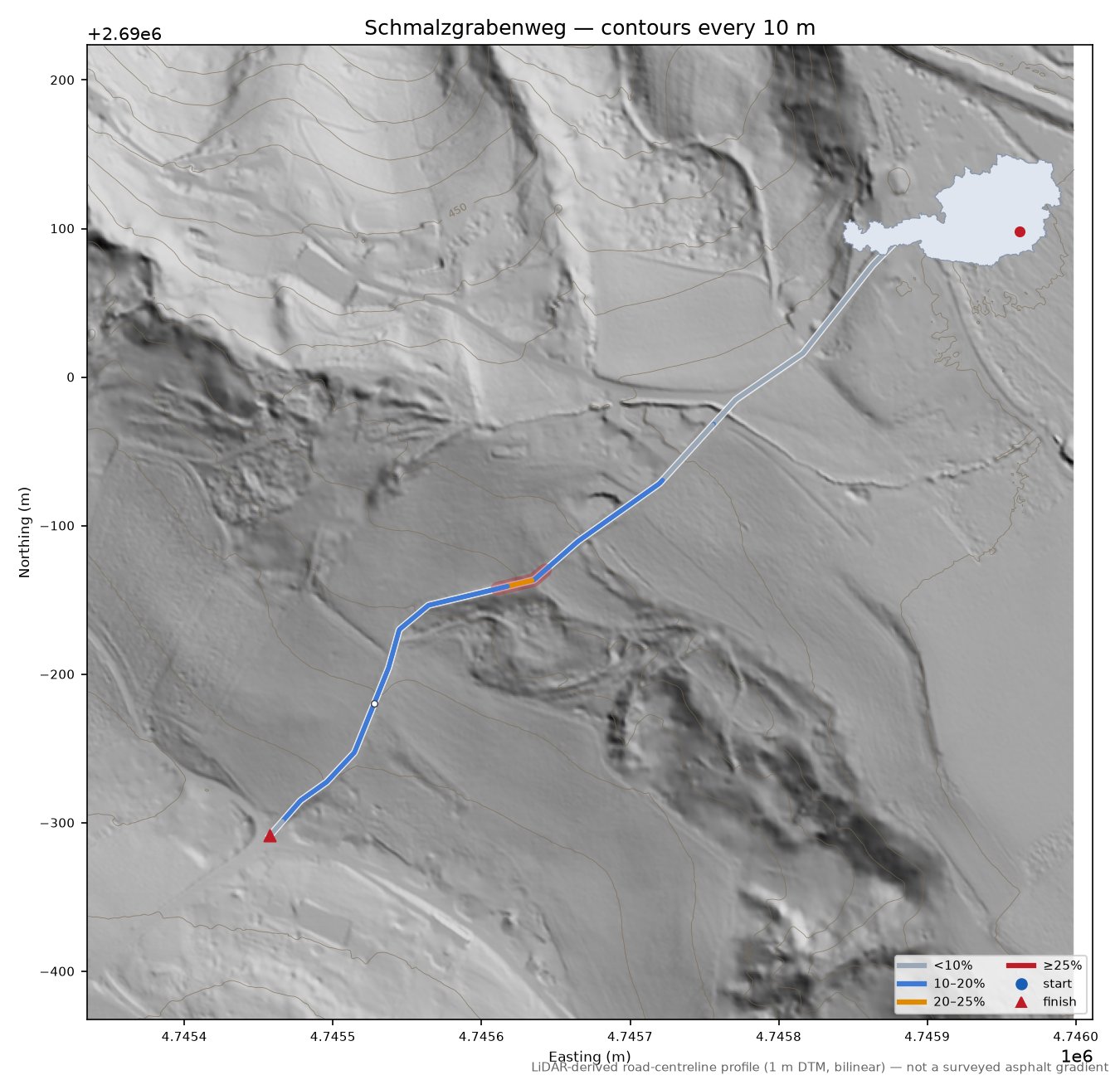 Schmalzgrabenweg LiDAR hillshade map with contours