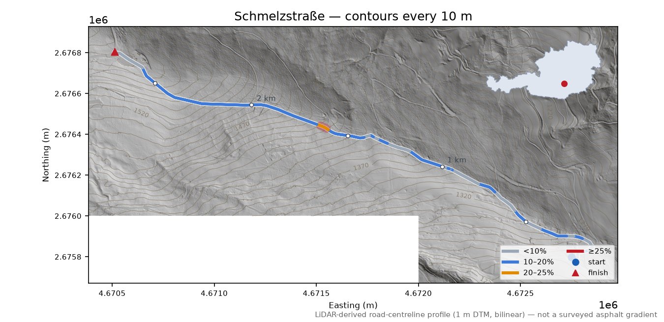 Schmelzstraße LiDAR hillshade map with contours