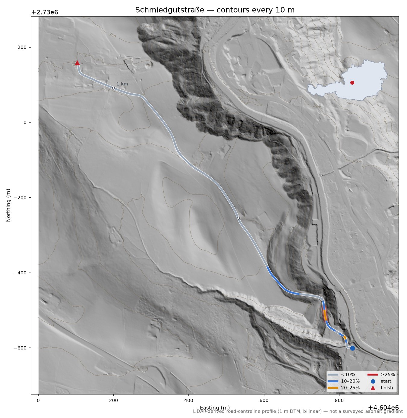 Schmiedgutstraße LiDAR hillshade map with contours