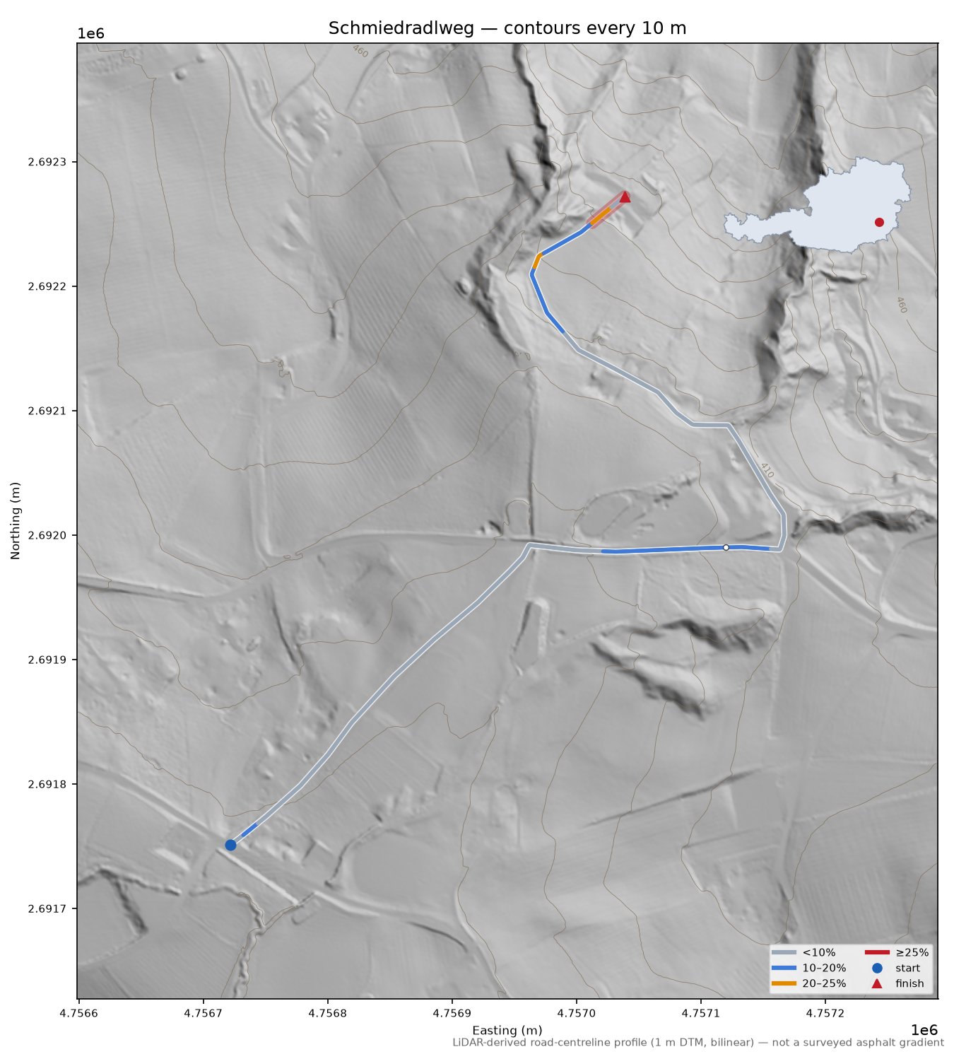 Schmiedradlweg LiDAR hillshade map with contours