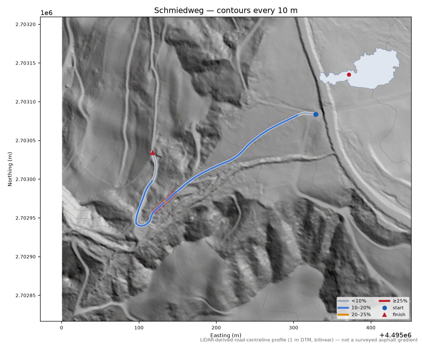 Schmiedweg LiDAR hillshade map with contours