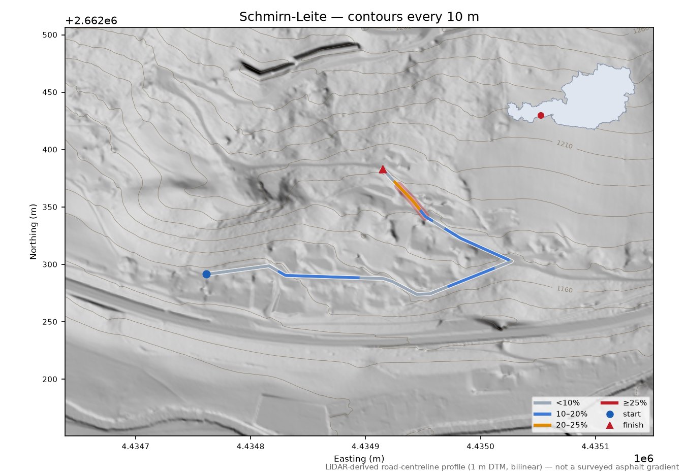 Schmirn-Leite LiDAR hillshade map with contours