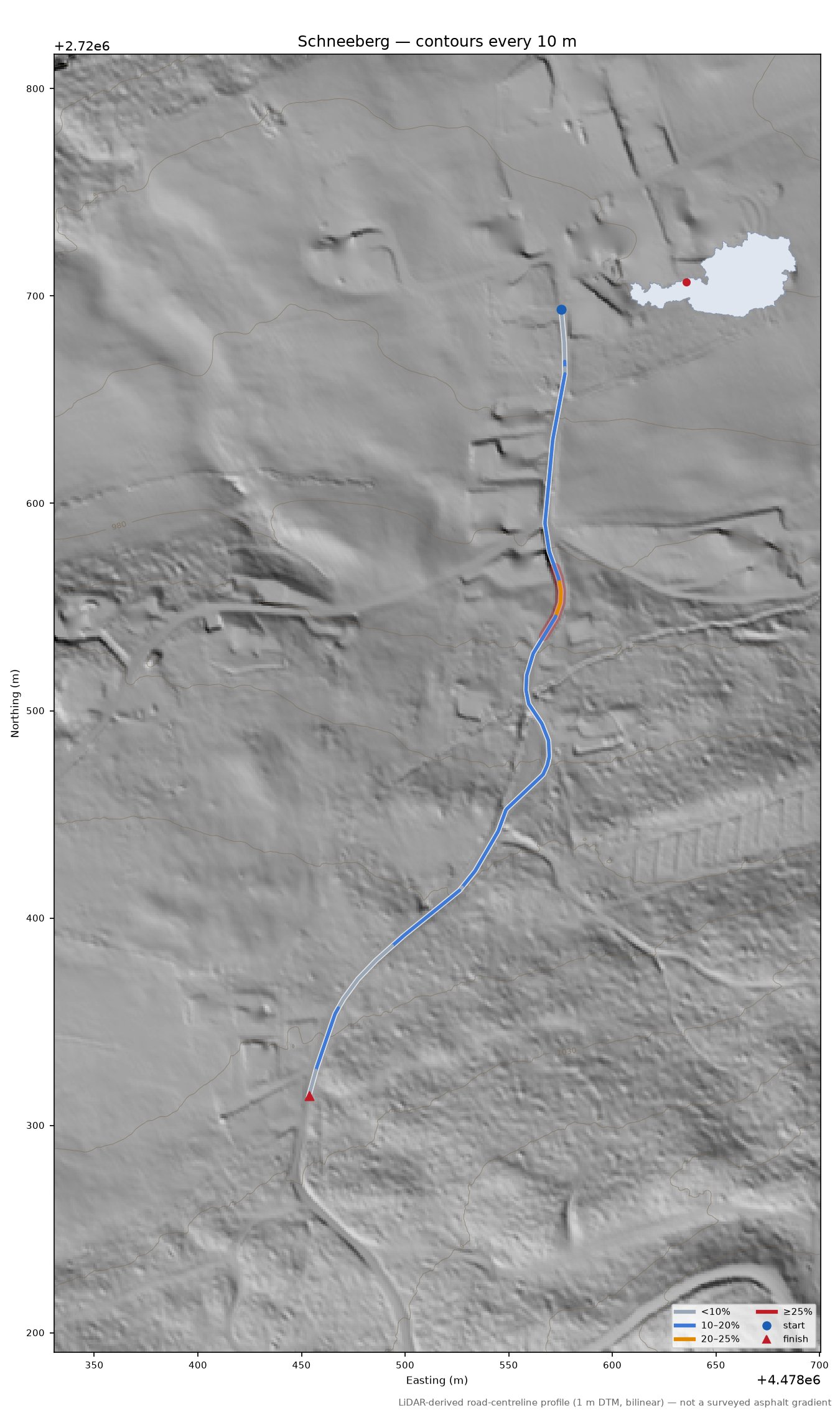 Schneeberg LiDAR hillshade map with contours