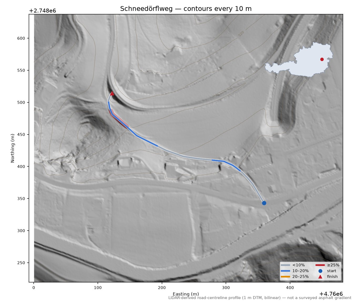 Schneedörflweg LiDAR hillshade map with contours