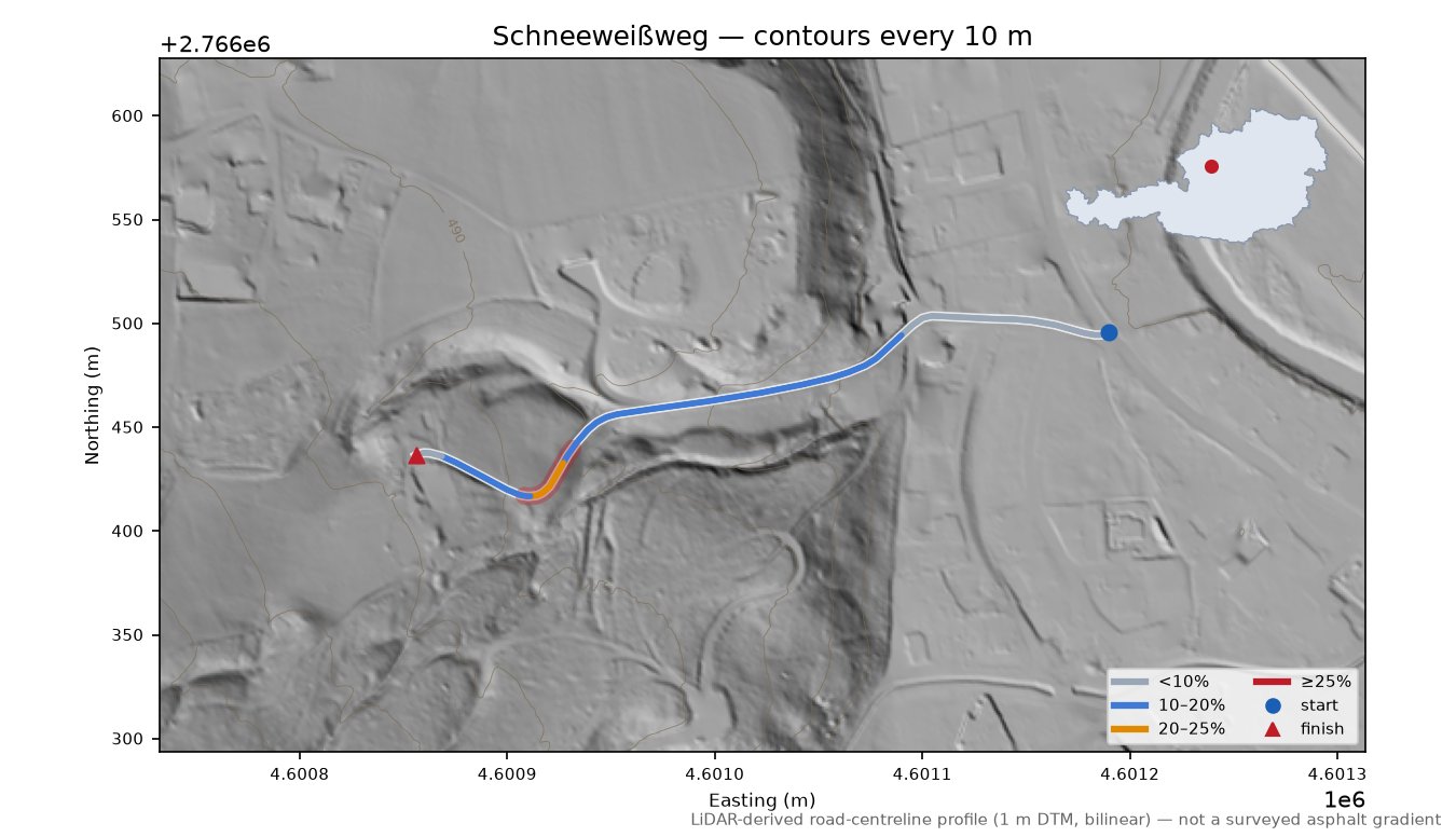 Schneeweißweg LiDAR hillshade map with contours