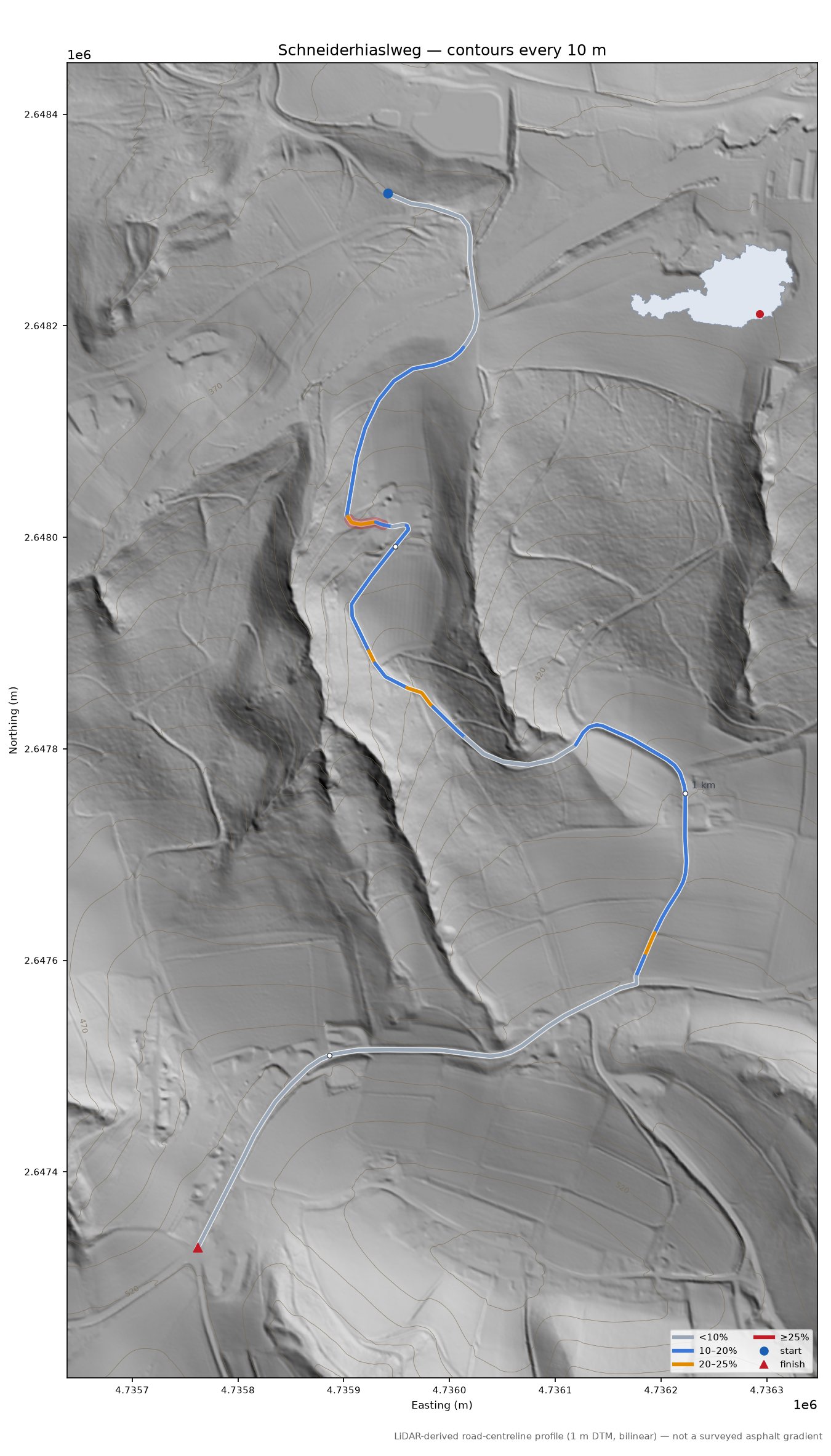 Schneiderhiaslweg LiDAR hillshade map with contours