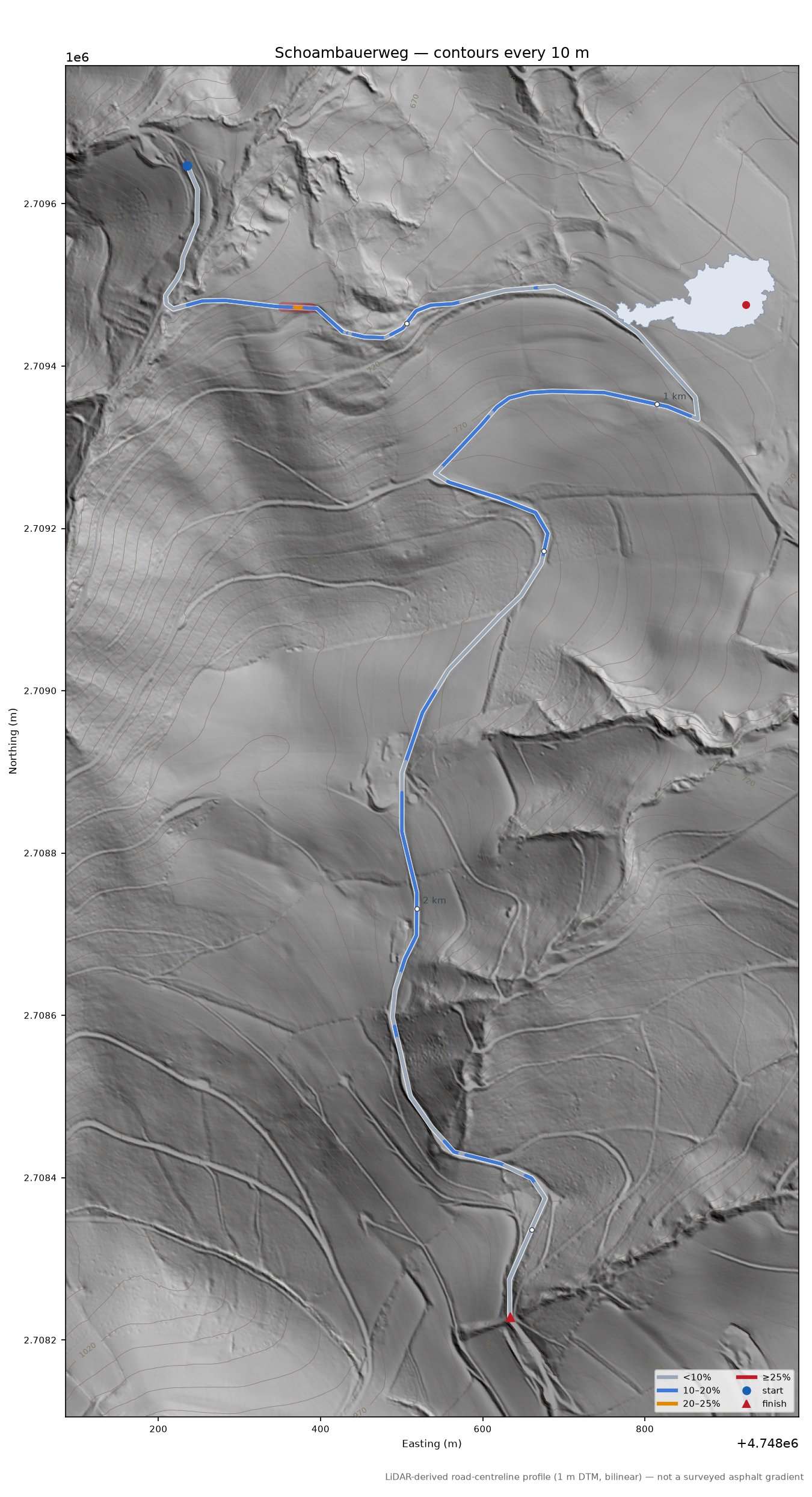 Schoambauerweg LiDAR hillshade map with contours