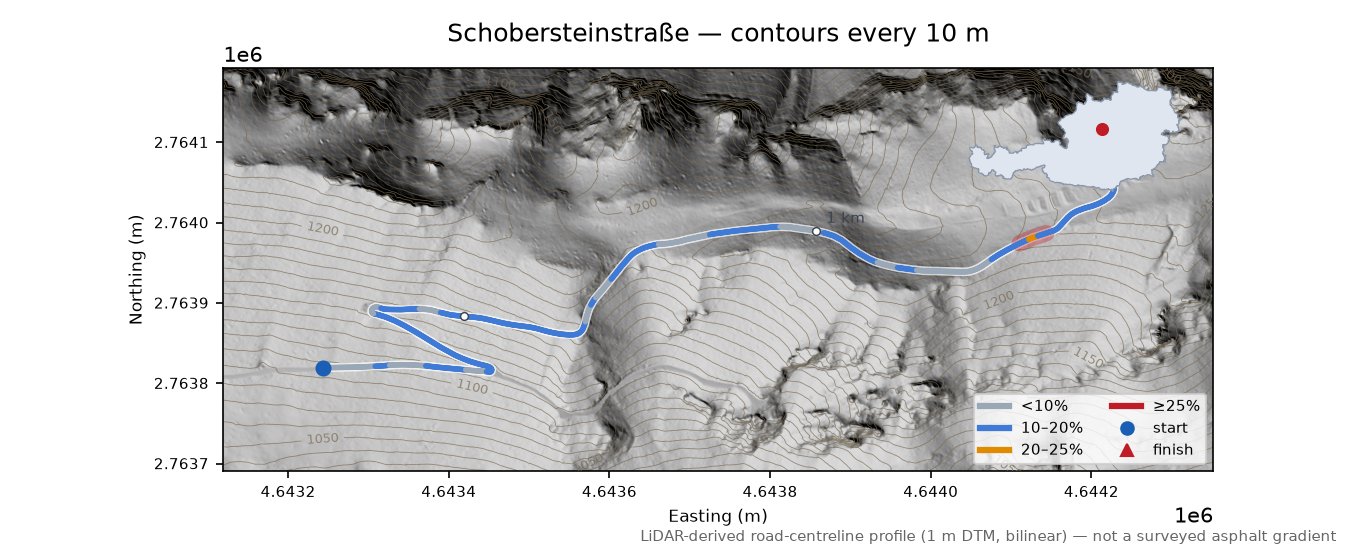Schobersteinstraße LiDAR hillshade map with contours
