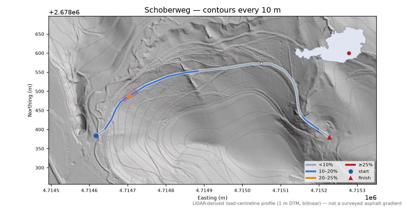 Schoberweg LiDAR hillshade map with contours