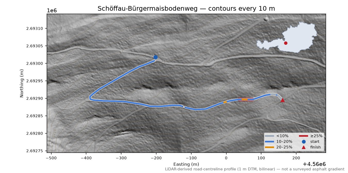 Schöffau-Bürgermaisbodenweg LiDAR hillshade map with contours