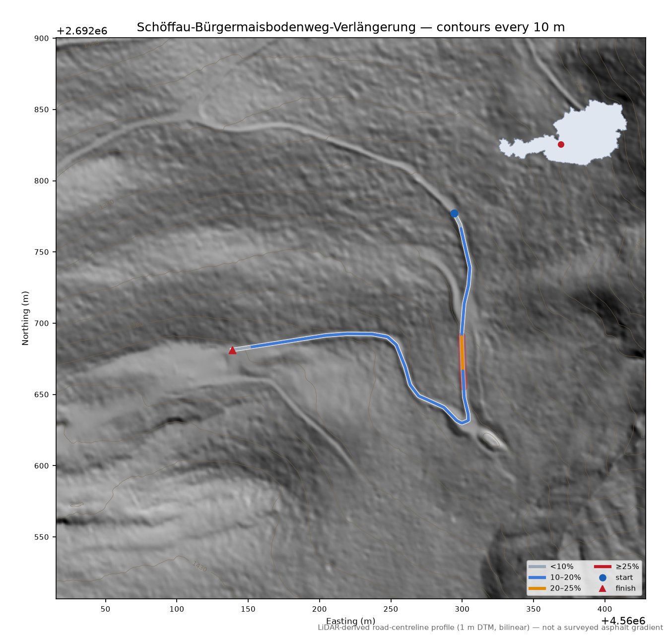 Schöffau-Bürgermaisbodenweg-Verlängerung LiDAR hillshade map with contours