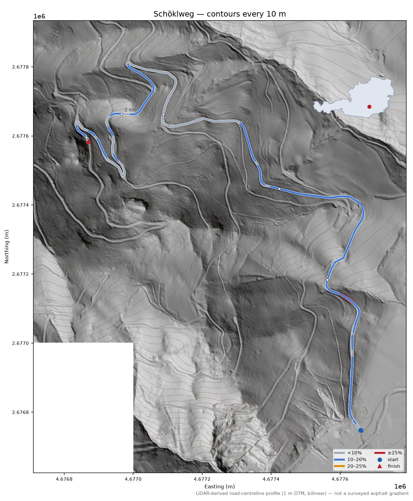 Schöklweg LiDAR hillshade map with contours