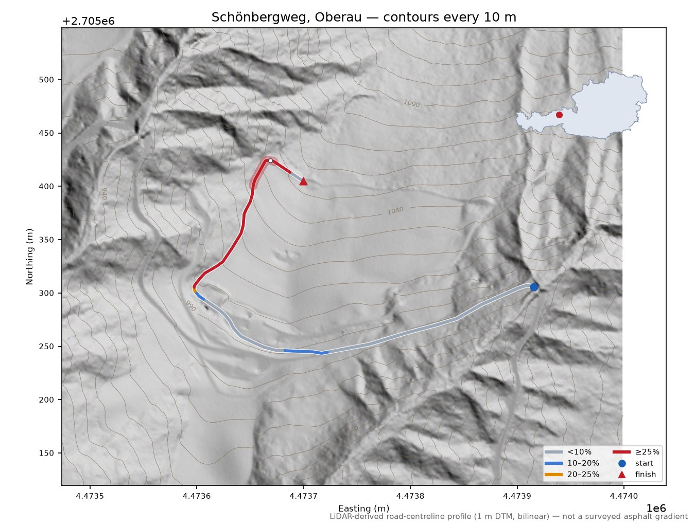 Schönbergweg, Oberau LiDAR hillshade map with contours