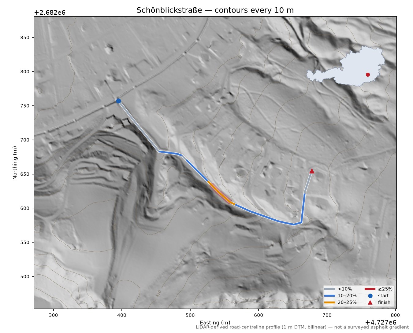 Schönblickstraße LiDAR hillshade map with contours