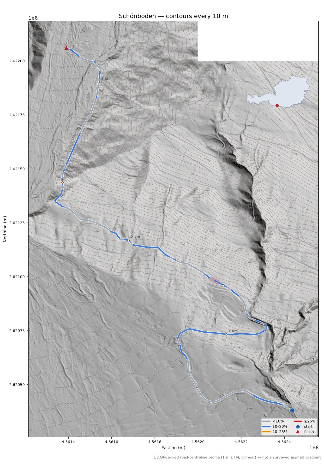 Schönboden LiDAR hillshade map with contours