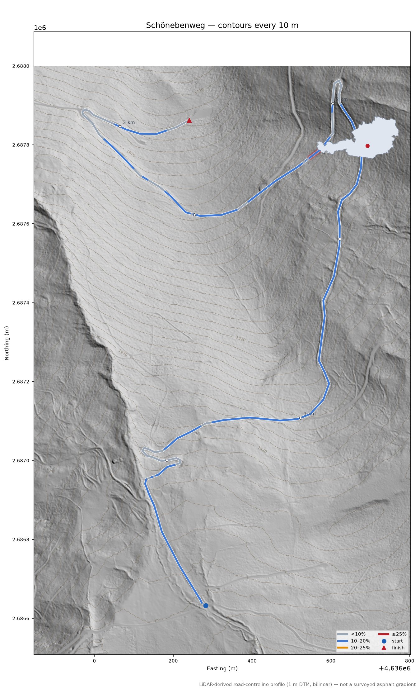 Schönebenweg LiDAR hillshade map with contours