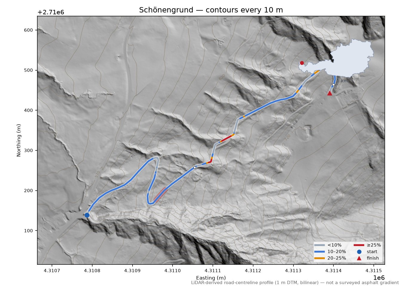 Schönengrund LiDAR hillshade map with contours