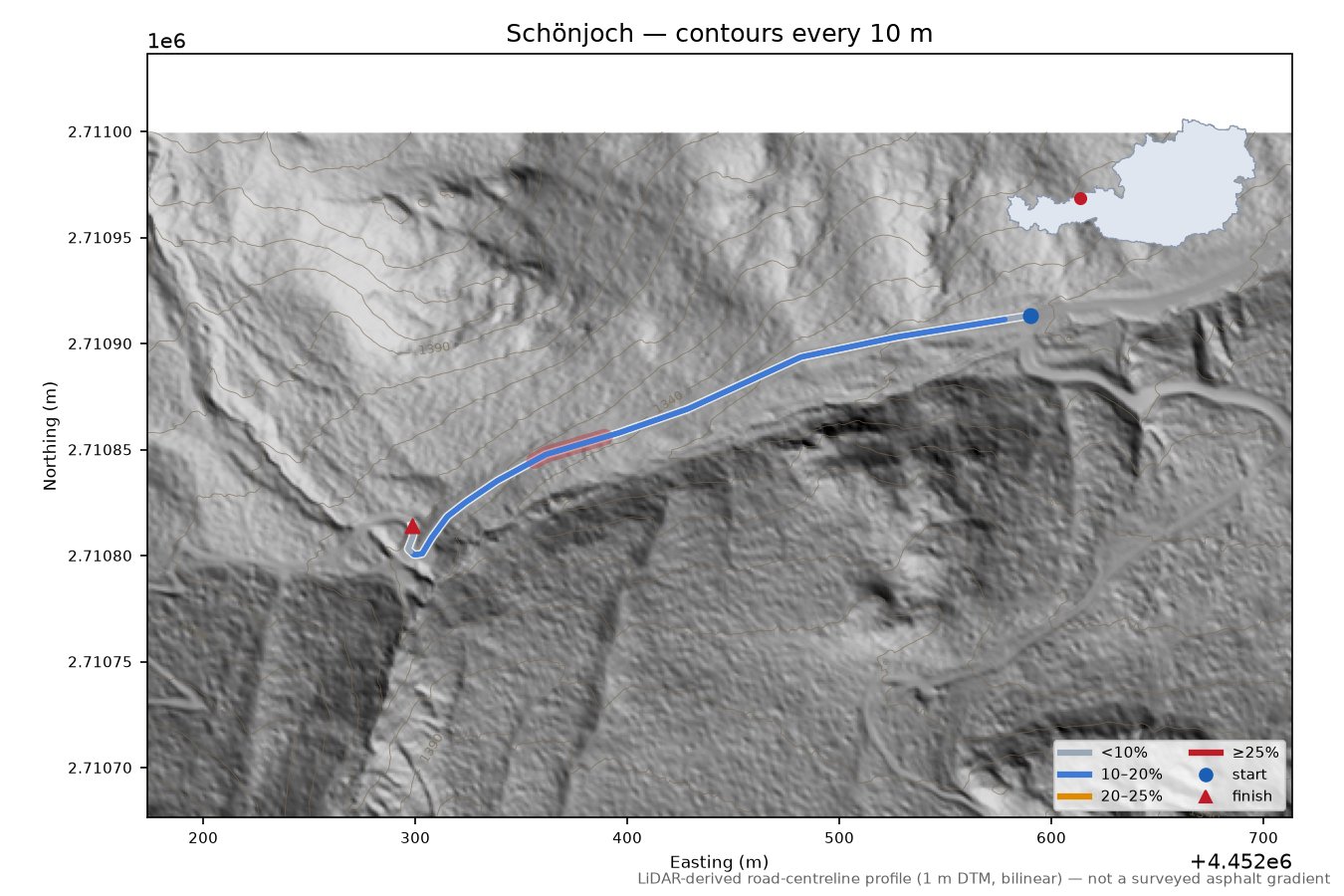 Schönjoch LiDAR hillshade map with contours