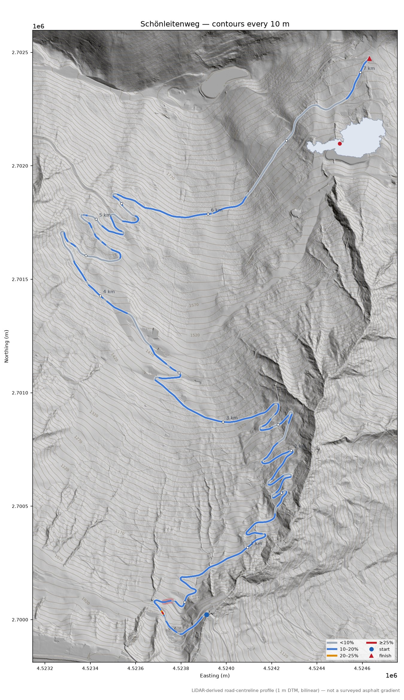 Schönleitenweg LiDAR hillshade map with contours