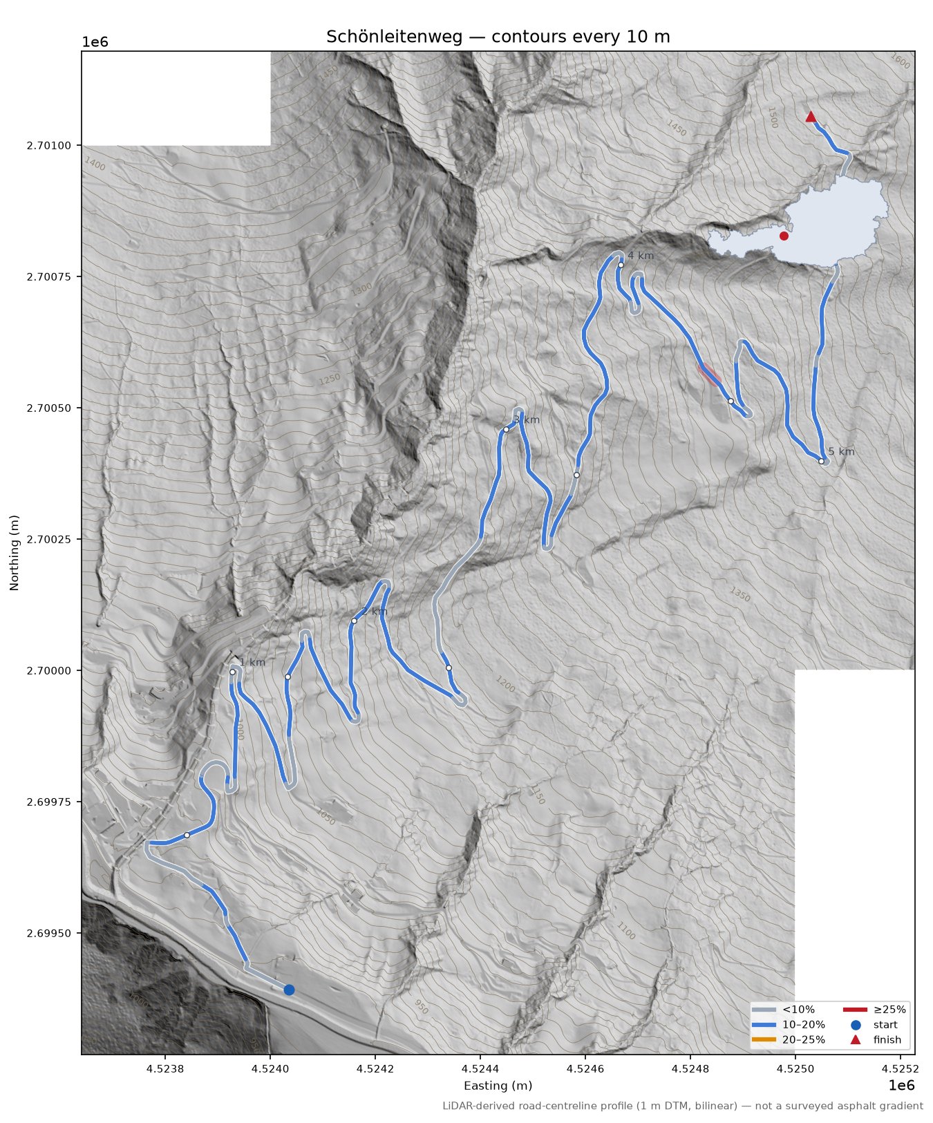 Schönleitenweg LiDAR hillshade map with contours