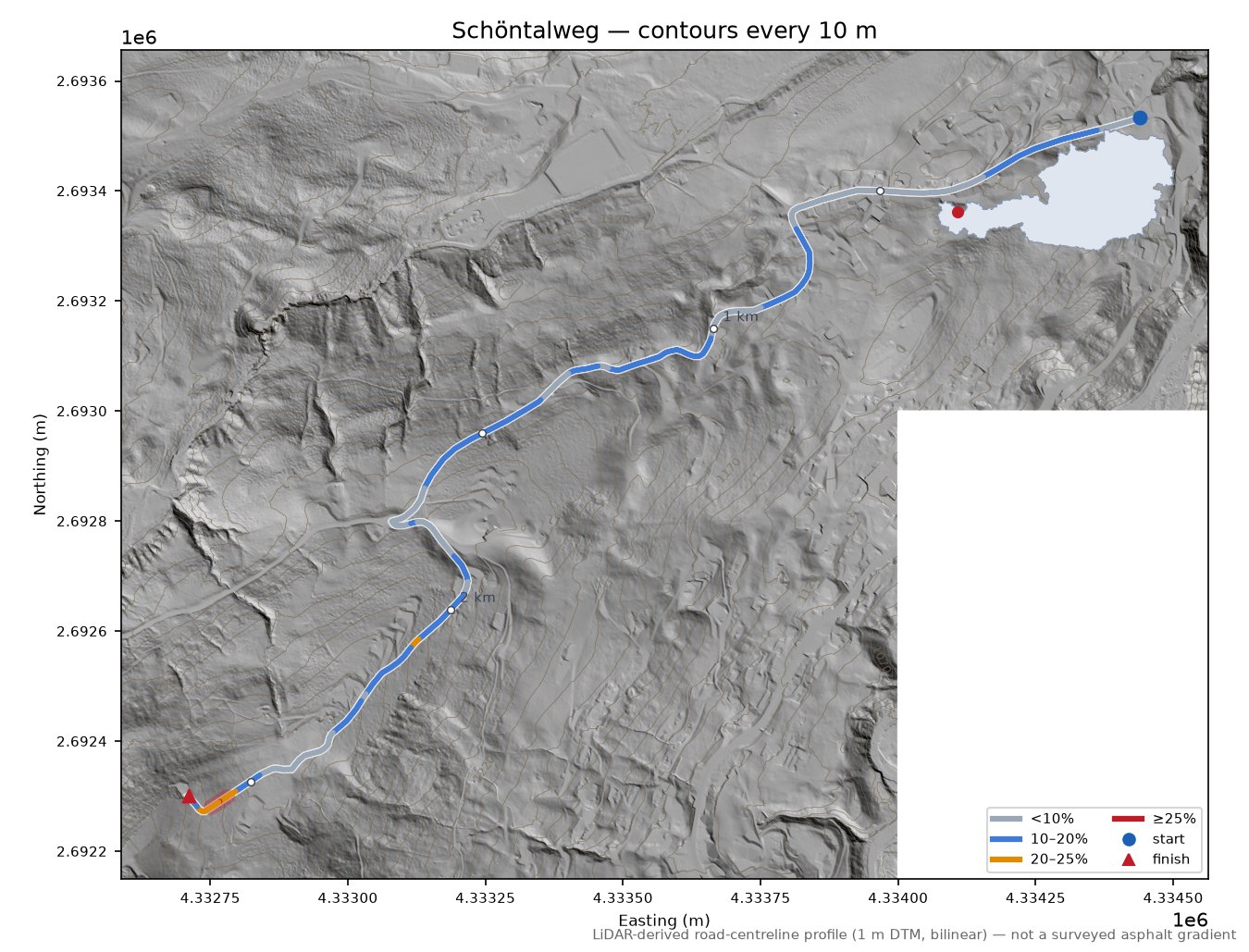 Schöntalweg LiDAR hillshade map with contours