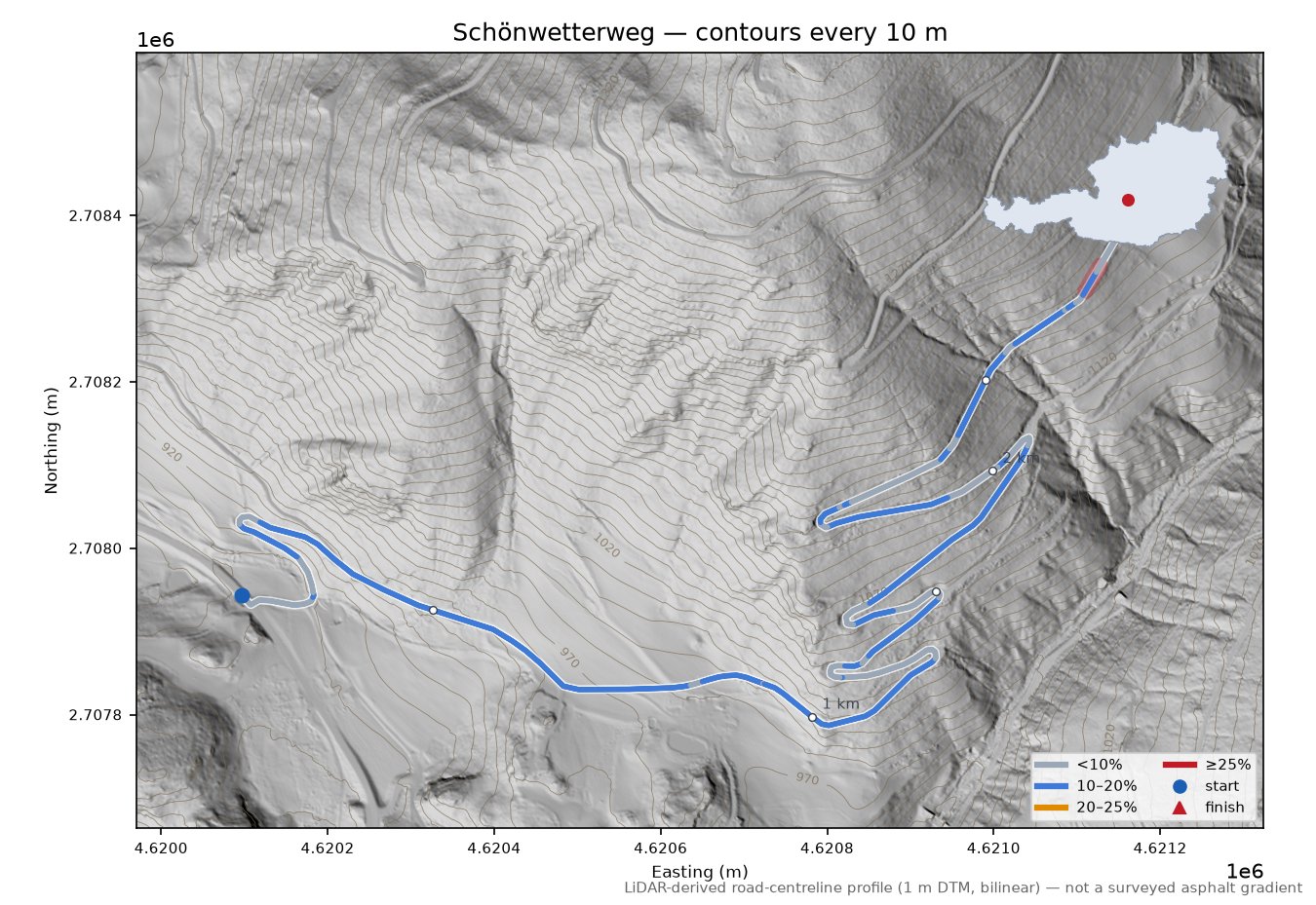 Schönwetterweg LiDAR hillshade map with contours