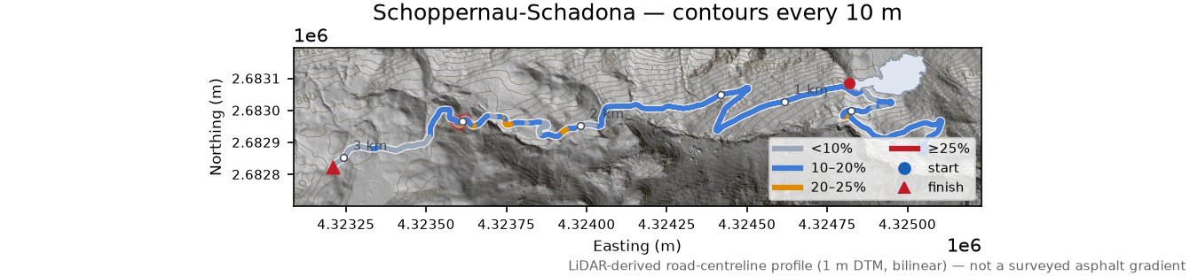 Schoppernau-Schadona LiDAR hillshade map with contours